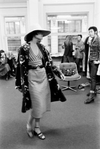 A model poses in a look from the Spring 1975 collection in the Paris design studios of designer Issey Miyake.