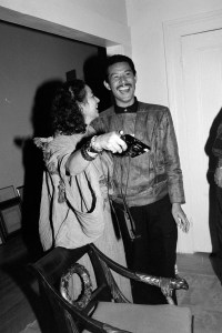 Curator Joan Quinn with designer Issey Miyake at his home, 1983.