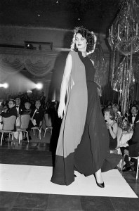 A model poses in eveningwear designed by Madame Gres during a fashion show at the Pierre Hotel in New York on October 10, 1979.