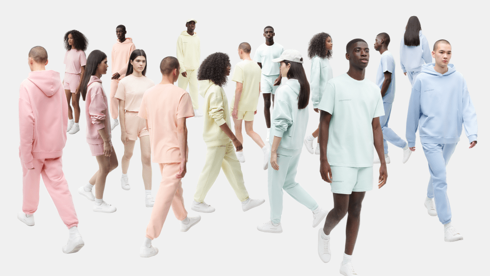 A throng of models in pastel sweatsuits by Pangaia demonstrating the latest Re-color capsule.