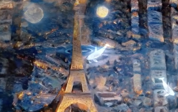 A NFT from The Good Society designed by Nate Mohler, featuring an otherworldly Paris skyline with glowing whales adrift to call attention to pollution.