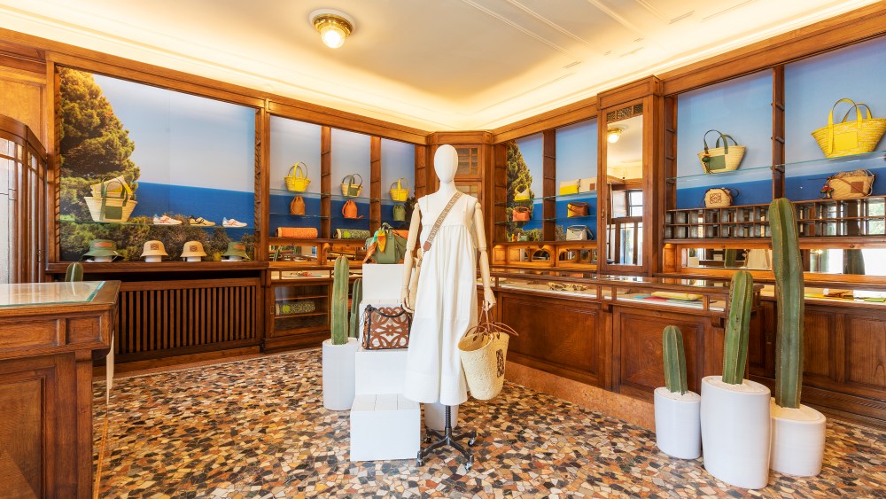 Inside Tessabit's store in Cernobbio, Italy featuring a tie-up with Loewe.