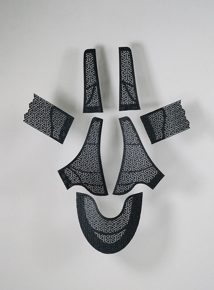 The upper of WertelOberfell’s Auxetic Wear features auxetic structures glued on top of skeleton frame and stitched to a sole