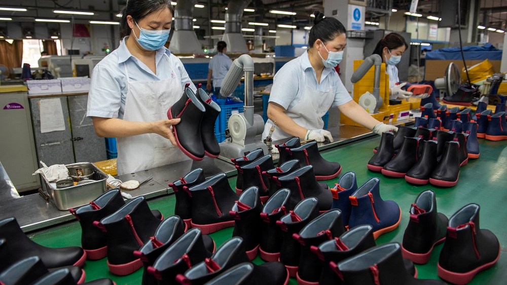 A production line at Huating Shoes Co., in Huai'an, China.