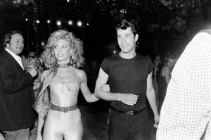 Olivia Newton-John and John Travolta attend a party at the Paramount Pictures lot in Los Angeles, California, on June 4, 1978.