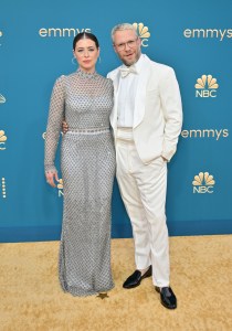Lauren Miller Rogen and Seth Rogen on the 2022 Emmy Awards red carpet.