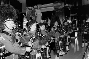 A pipe band participates in Bloomingdale's salute to "Ireland, that Special Place"  party and in-store promotional shop at Bloomingdale's on Lexington Avenue in New York City on September 23, 1981.