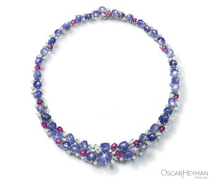 Oscar Heyman’s platinum Sri Lanka No Heat Star Sapphire necklace with No Heat Star Rubies.