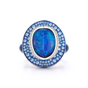 Katherine Jetter’s opal orbit ring with enamel, lightning ridge opal, white diamonds and blue sapphires in 18-karat white gold.