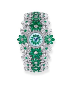 Chopard’s “Red Carpet Collection” high jewelry watch in Fairmined-certified ethical 18-karat white gold, entirely set with diamonds and emeralds.