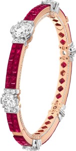 Van Cleef & Arpels’ “Chemin Mystérieux” bracelet from the “Legend of Diamonds” collection featuring rubies and diamonds set in 18-karat rose gold.