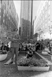 Guarding the crowds at Rockefeller Center Plaza during the Fifth Avenue Fashion Fair, 1972.