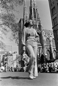 Models in the Fifth Avenue Fashion Fair, fashion show on 5th Ave, New York. St.Patrick's Cathedral shown in the background, 1972.