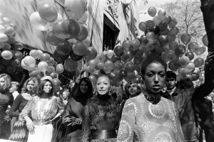 Model Billy Blaire with other models during the Fifth Avenue Fashion Fair, 1972.