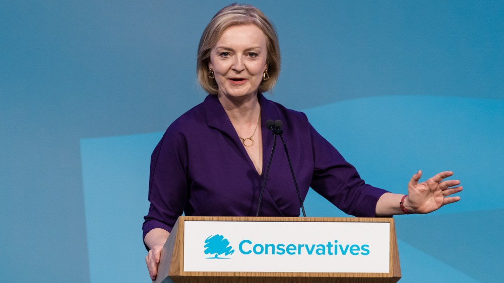 LONDON, UNITED KINGDOM - SEPTEMBER 05: Foreign Secretary Liz Truss delivers an acceptance speech at the Queen Elizabeth II Conference Centre in Westminster after being announced the winner of the Conservative Party leadership contest in London, United Kingdom on September 05, 2022. Liz Truss will be appointed as Britain's new prime minister on Tuesday after Boris Johnson visits the Queen at Balmoral to officially resign his position. (Photo by Wiktor Szymanowicz/Anadolu Agency via Getty Images)