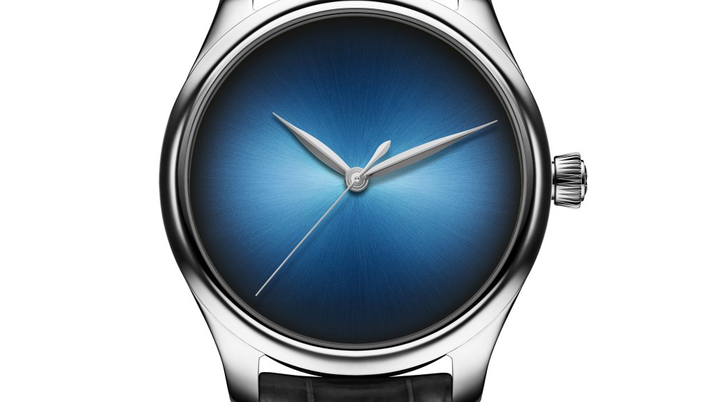 H. Moser’s Endeavour Centre Seconds in white gold, funky blue fume dial and alligator strap.
