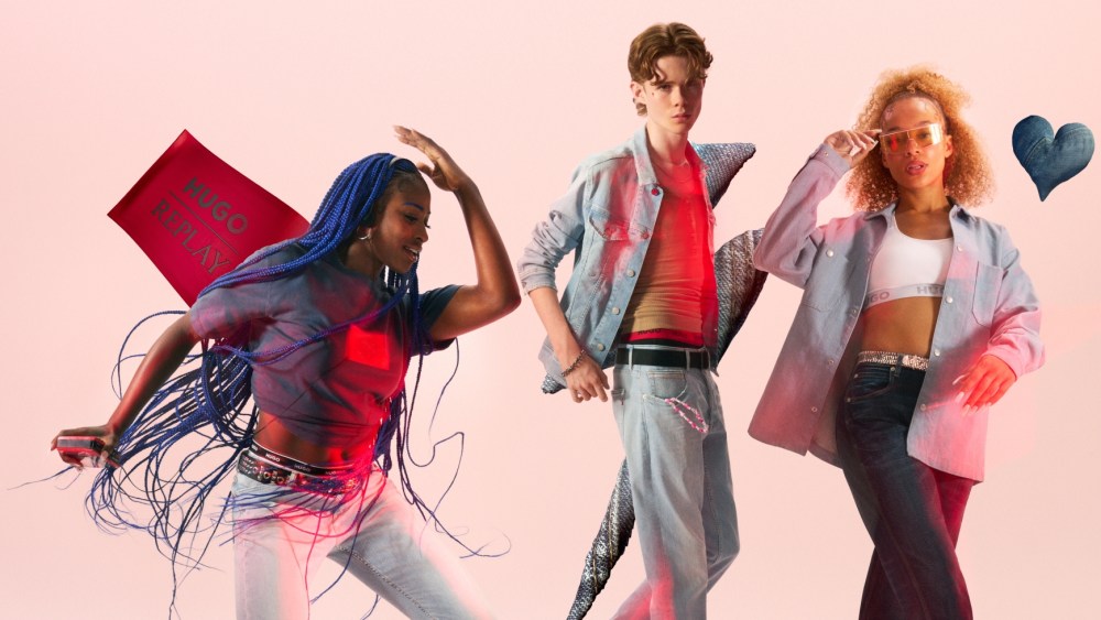 The Hugo x Replay denimwear capsule collection is flanked by campaign imagery starring TikTok creators Oluwanifewa Agunbiade, Louis Powell and Isla Loba.