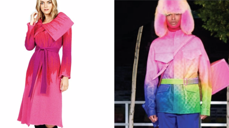 Left: a jacket from Paula Hian using the Ombre design. Right: a jacket from LVMH, which Hian alleges is infringing on the design.