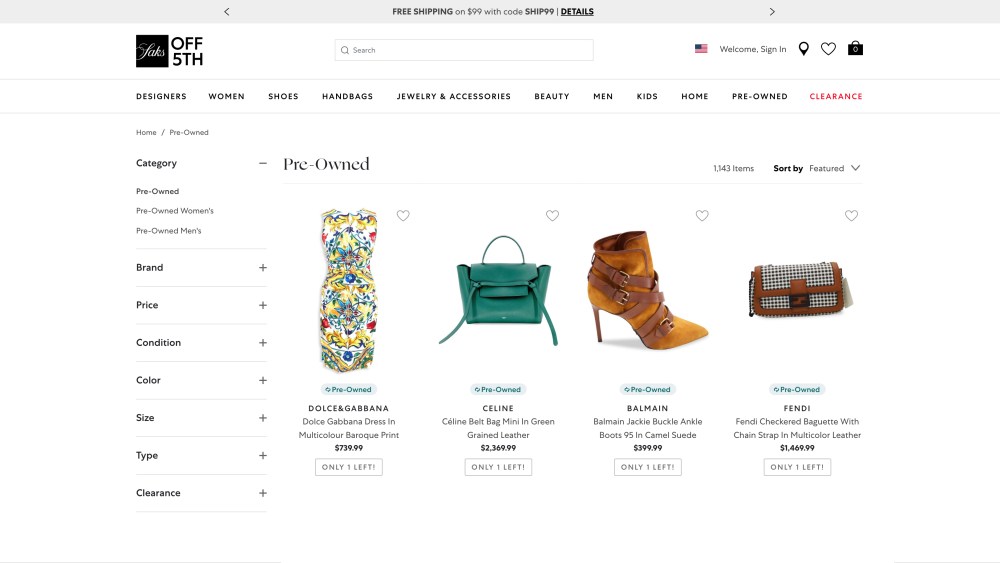 The Saks Off 5th website page of pre-owned merchandise for sale.