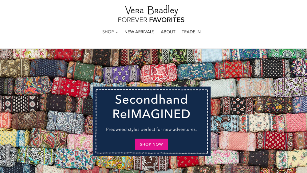 Vera Bradley's 
"Forever Favorites" program appears over a patchwork of bags displayed.