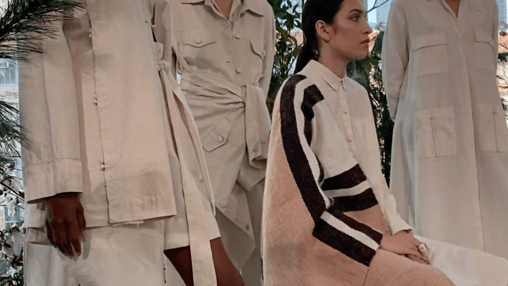 A spotlight on models wearing all-natural leisure wear from Angel Chang's zero-carbon fashion line for Spring 2023.