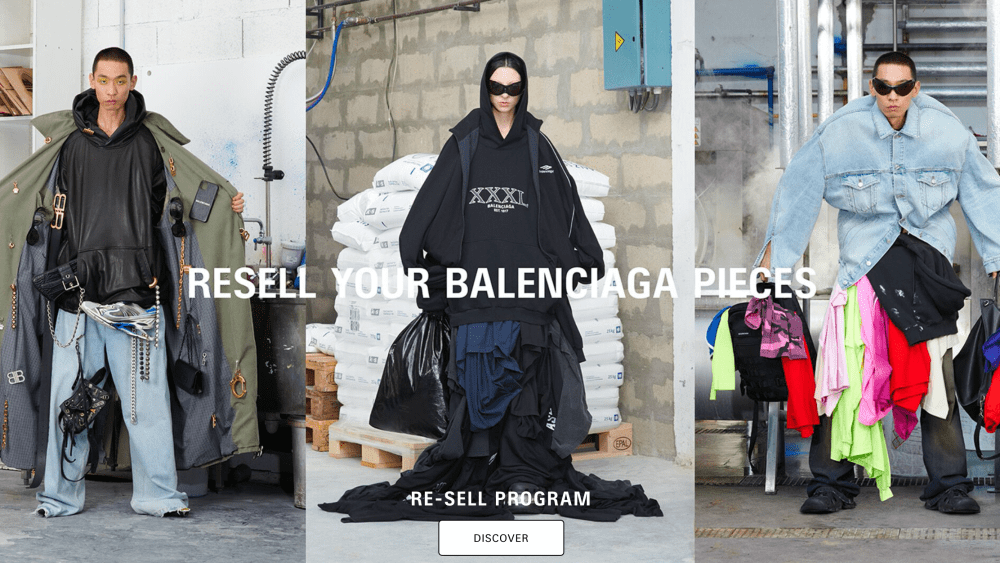 Three Balenciaga models wearing oversize maximalist outfits to advertise the brand's Resell program.