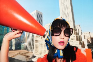 Marc Jacobs’ acetate metal glasses. Anna Sui’s acrylic, polyester and modacrylic coat.