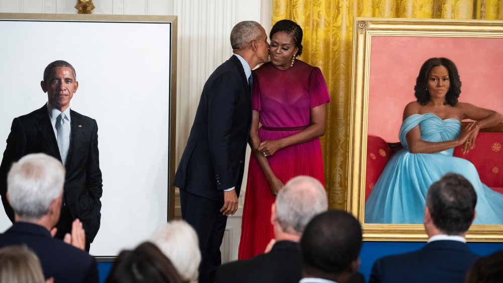 UNITED STATES - SEPTEMBER 7: Former President Barack Obama and former First Lady Michelle Obama view their official White House portraits during an unveiling ceremony in the East Room of the White House on Wednesday, September 7, 2022. (Tom Williams/CQ-Roll Call, Inc via Getty Images)