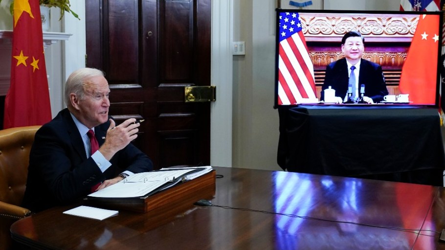 President Joe Biden meets virtually with Chinese President Xi Jinping from the Roosevelt Room of the White House in Washington, on Nov. 15, 2021.