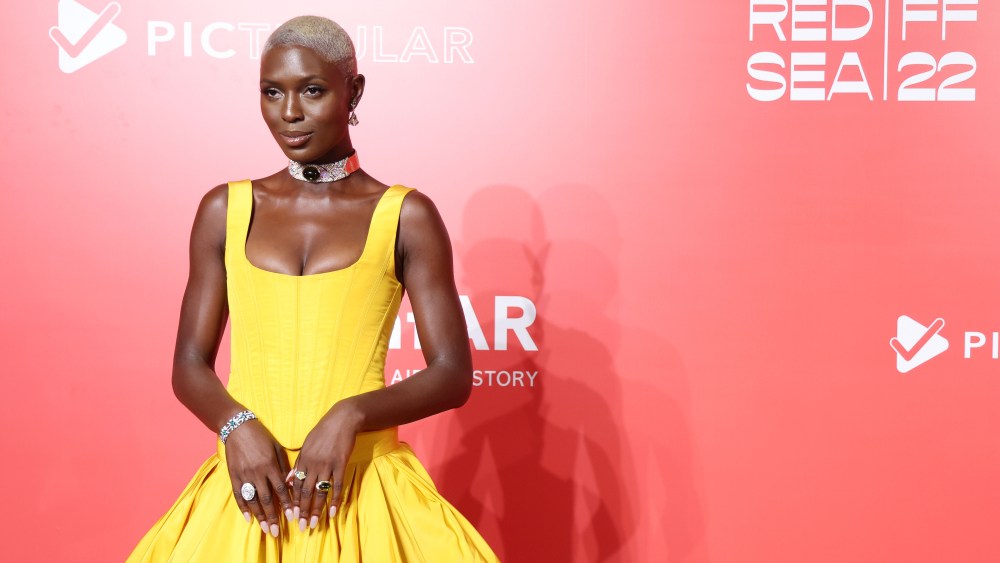 Jodie Turner-Smith wears christopher john rogers attends the amfAR Venice Gala 2022 presented by The Red Sea International film festival at Arsenale on Sept. 7