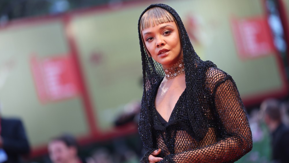 Tessa Thompson wears interior outfit and attends the "Blonde" red carpet at the 79th Venice International Film Festival on Sept. 8