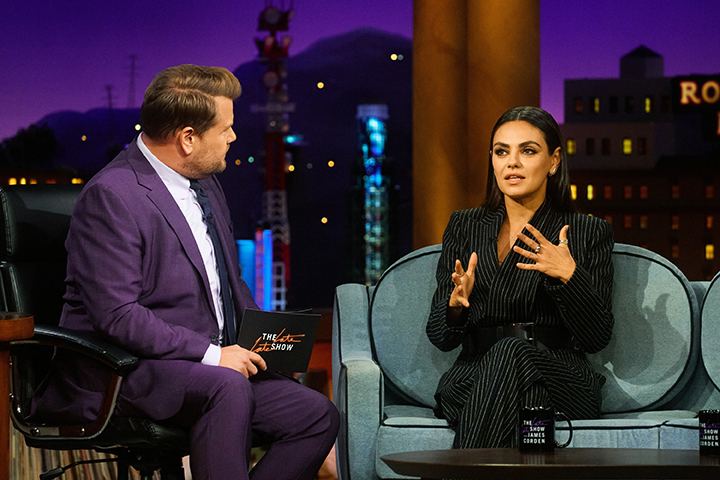 The Late Late Show with James Corden airing Tuesday, October 4, 2022, with guests Mila Kunis, Clea Duvall, and the cast of Oklahoma! The National Tour. Photo: Terence Patrick ©2022 CBS Broadcasting, Inc. All Rights Reserved