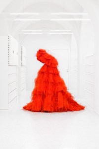 A red tiered, one shoulder gown from Valentino's Haute Couture Spring-Summer 2019, mod 61-AI13 Ibisco rosso.