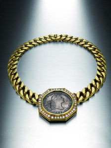 Monete necklace in gold with American silver coin and diamonds, ca. 1975.
