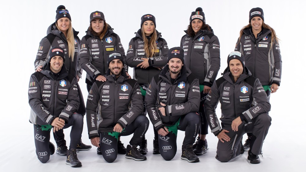 Italian winter sports athletes wearing the EA7 technical clothing.