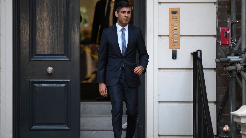 New Conservative Party leader and incoming prime minister Rishi Sunak leaves from Conservative Party Headquarters in central London having been announced as the winner of the Conservative Party leadership contest, on October 24, 2022. - Britain's next prime minister, former finance chief Rishi Sunak, inherits a UK economy that was headed for recession even before the recent turmoil triggered by Liz Truss. (Photo by Daniel LEAL / AFP) (Photo by DANIEL LEAL/AFP via Getty Images)