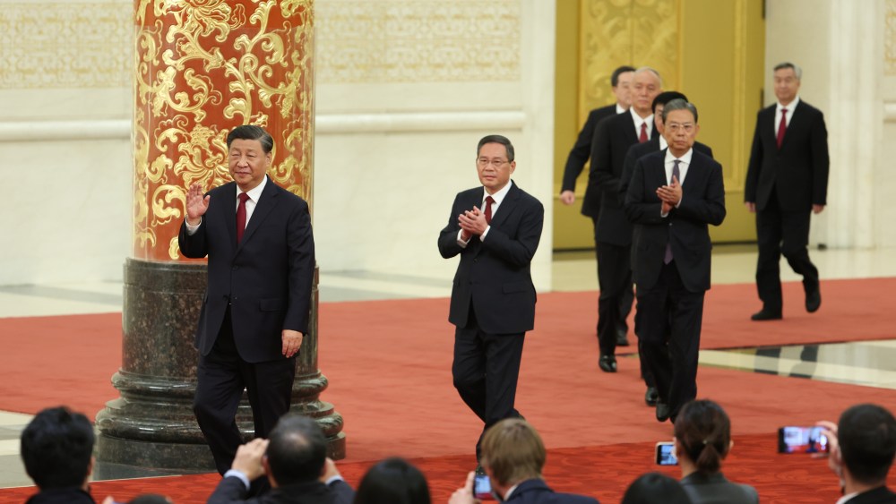 Xi Jinping ,Li Qiang,  Zhao Leji, Wang Huning, Cai Qi, Ding Xuexiang and Li Xi, attend the meeting between members of the standing committee of the Political Bureau of the 20th CPC Central Committee and Chinese and foreign journalists at The Great Hall of People on October 23, 2022 in Beijing, China.