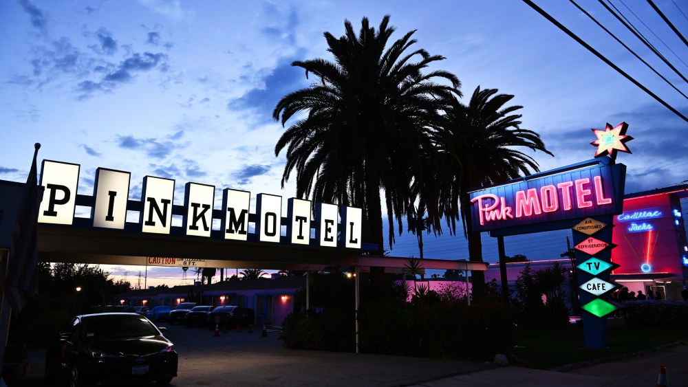 A view of the Pink Motel sign at the Golden Goose L.A. Golden Spirit Event.