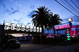 A view of the Pink Motel sign at the Golden Goose L.A. Golden Spirit Event.