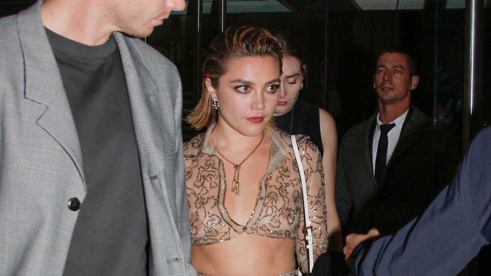 Florence Pugh leaving Valentino dinner during Paris Fashion Week. 03 Oct 2022 Pictured: Florence Pugh. Photo credit: Spread Pictures / MEGA TheMegaAgency.com +1 888 505 6342 (Mega Agency TagID: MEGA903643_001.jpg) [Photo via Mega Agency]