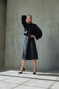 Balenciaga Garde-Robe’s viscose blouse, calfskin skirt, pumps and earrings. Jennifer Fisher bracelet; Ritique tennis bracelet; Christian Dior ring.