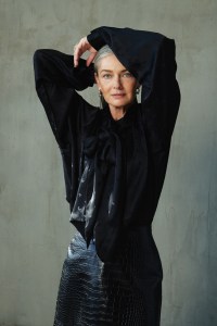 Balenciaga Garde-Robe’s viscose blouse, calfskin skirt and earrings.
