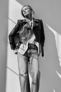 Versace’s leather biker jacket over Lafayette 148’s cotton shirt and stylist’s own tank top and Gauchere’s cotton jeans. Lanvin pumps; Balenciaga earrings; Jennifer Fisher cuff and bracelet.