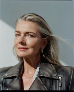 Versace’s leather biker jacket over Lafayette 148’s cotton shirt. Balenciaga earrings; Miansai necklace.