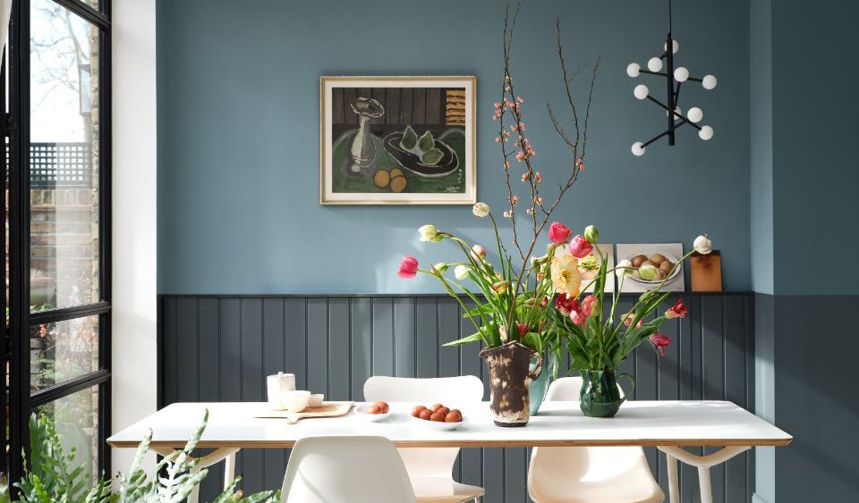 Farrow & Ball's new Selvedge color (upper walls), inspired by raw denim.