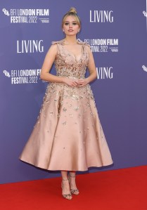 LONDON, ENGLAND - OCTOBER 09: Aimee Lou Wood attends the "Living" UK premiere during the 66th BFI London Film Festival at the Southbank Centre on October 09, 2022 in London, England. (Photo by Mike Marsland/WireImage)