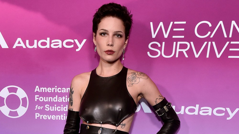 Halsey in Enfants Riches Déprimés spring 2023 collection leather safety pin dress attends Audacy's 9th Annual We Can Survive Concert in partnership with the American Foundation For Suicide Prevention at Hollywood Bowl on October 22, 2022 in Los Angeles, California.