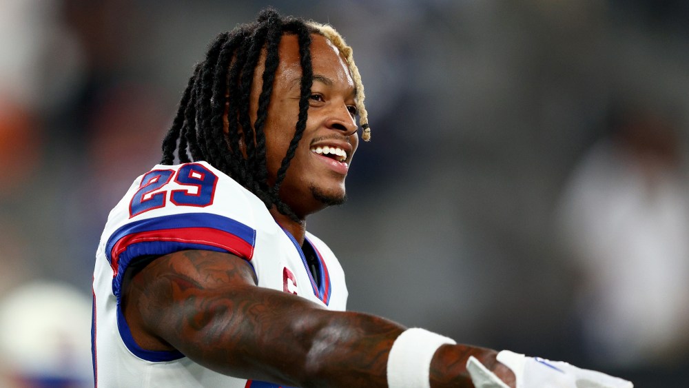 Xavier McKinney of the New York Giants warms up before the game against the Dallas Cowboys at MetLife Stadium on Sept. 26