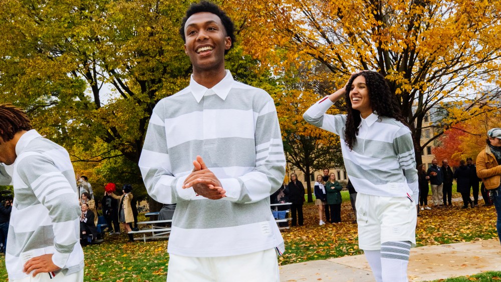 Notre Dame students in the Thom Browne football capsule collection.