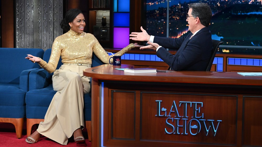 The Late Show with Stephen Colbert and guest First Lady Michelle Obama during Monday’s November 14, 2022 show. Photo: Scott Kowalchyk/CBS ©2022 CBS Broadcasting Inc. All Rights Reserved.